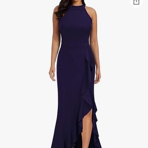 High neck split bodycon mermaid evening cocktail dress, long length.
